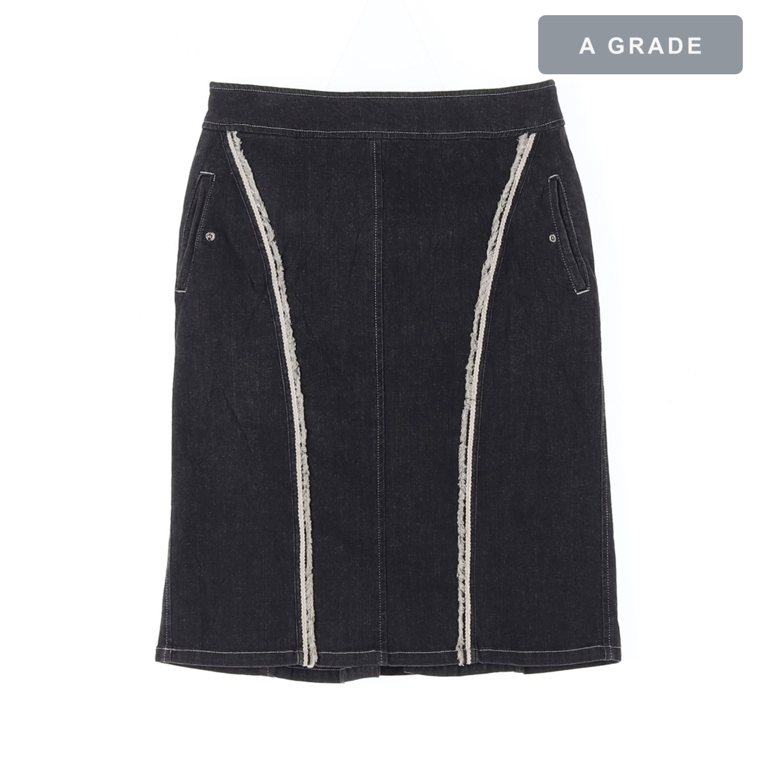 GIVENCHY 지방시 파리스 아카이브 딥 인디고 로우 데님 프린지 패널 구조적 미디 스커트 WOMAN-M