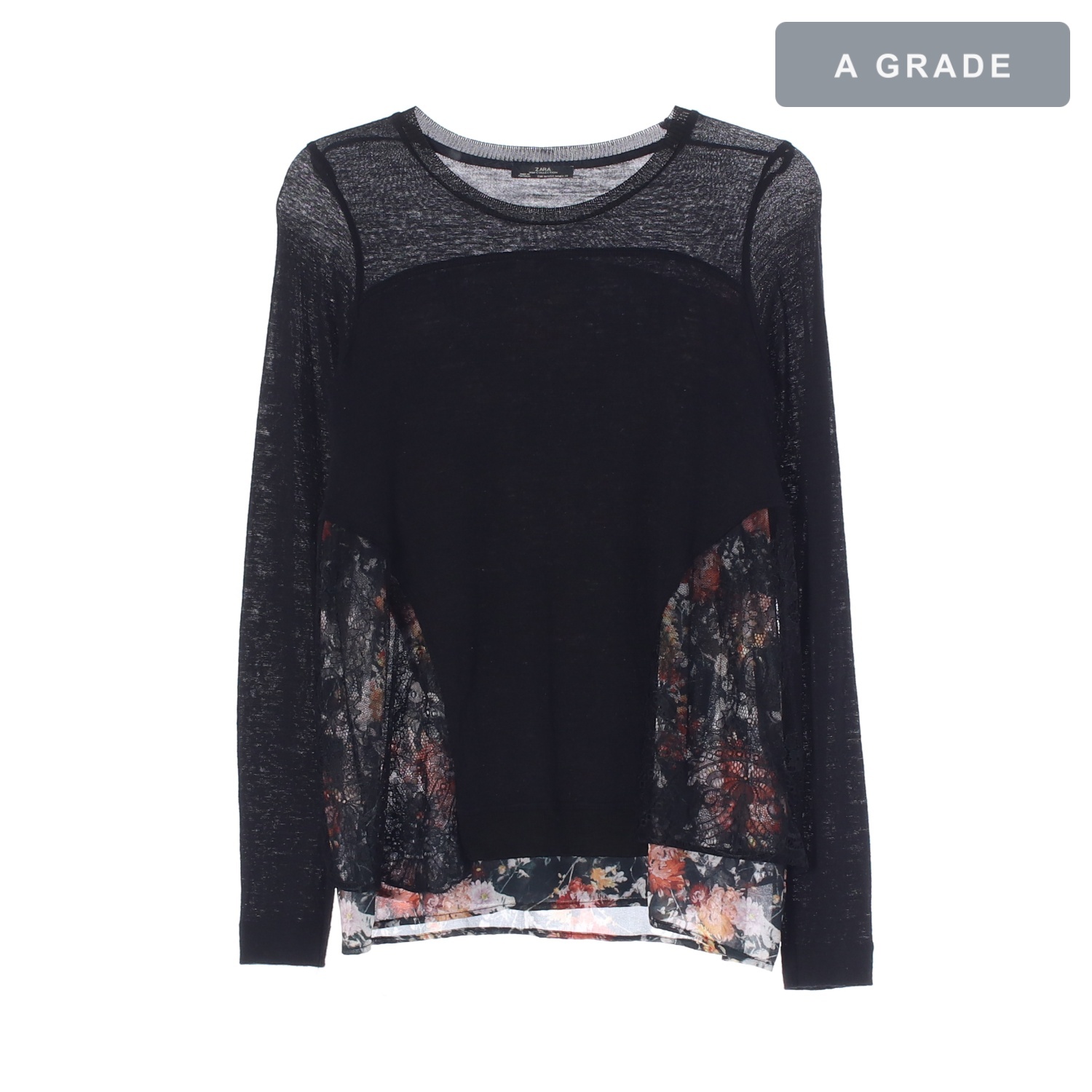 ZARA 자라 플라워 레이스 패치 블랙 롱슬리브 티셔츠 WOMAN-S