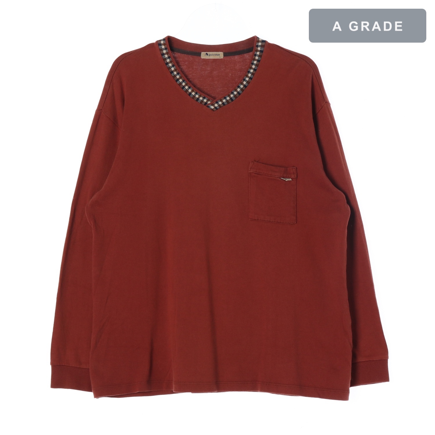 AQUASCUTUM 아쿠아스큐텀 체크 V넥 포켓 긴팔 티셔츠 MAN-XL